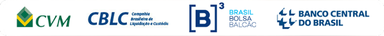Logos de instituições do mercado financeiro: CVM, CBLC, B3 Brasil Bolsa Balcão e Banco Central do Brasil